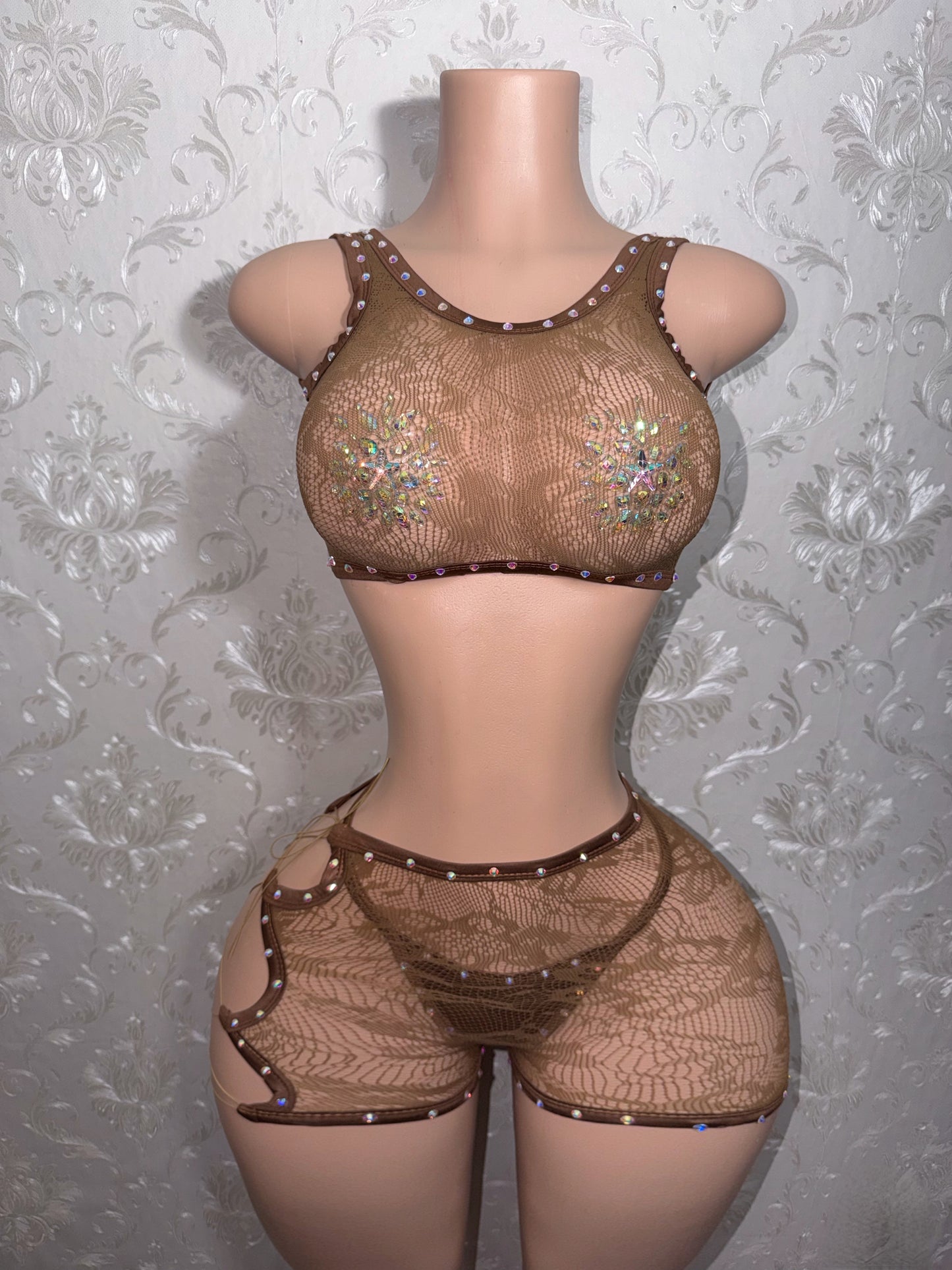 Daisy Dukes Reversible Clasp Top Fishnet 3 Piece Shorts Set Fits S-M