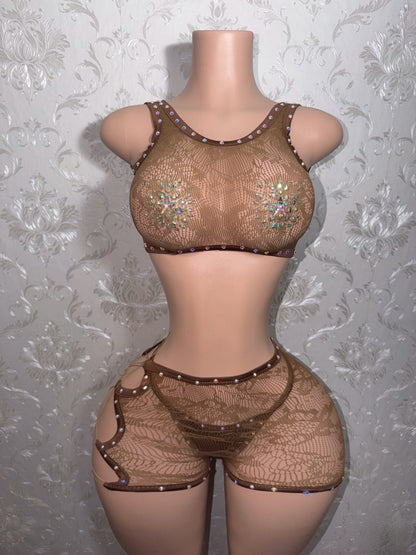 Daisy Dukes Reversible Clasp Top Fishnet 3 Piece Shorts Set Fits S-M