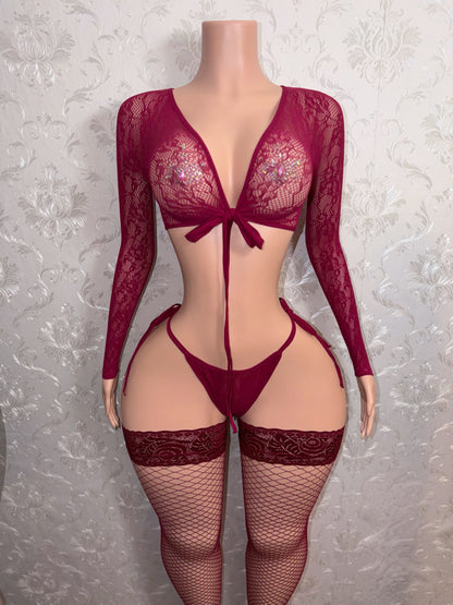 Venus Burgundy 3 Piece With Lace Thigh High Stockings Fits S-XXL