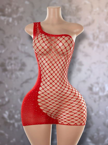 Holiday Bedazzled Dress Asymmetrical Fishnet Fits XS-L