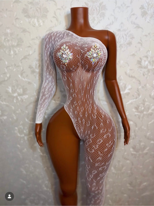 Bernice Cheetah Off Shoulder Fishnet Jumpsuit Fits XS-XL