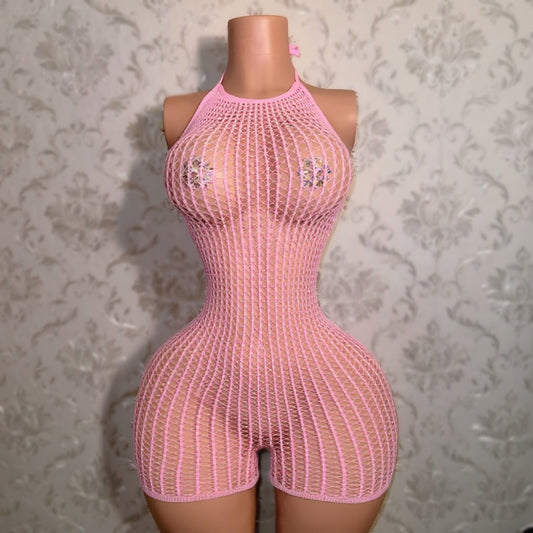 Serena Halter Fishnet Romper Fits XS-XL