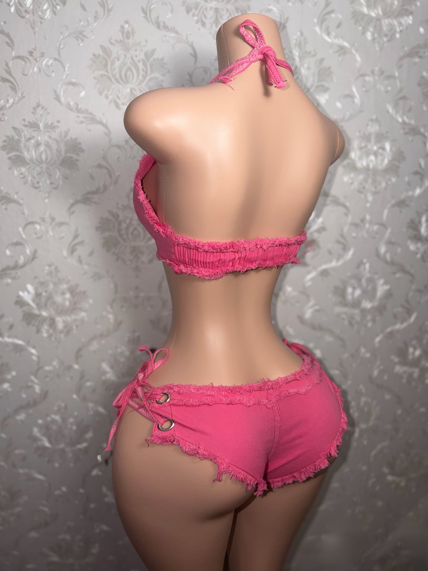 Amirah- 2 Piece Distressed Ultra Mini Denim Shorts Set