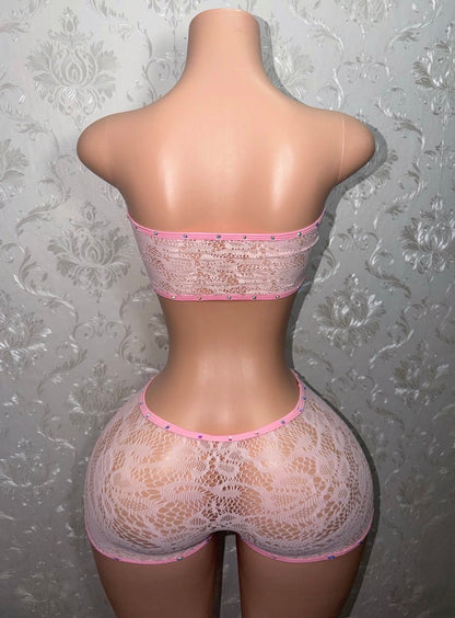 Amber Baby Pink Rhinestone Fishnet Shorts Set Fits XS-M