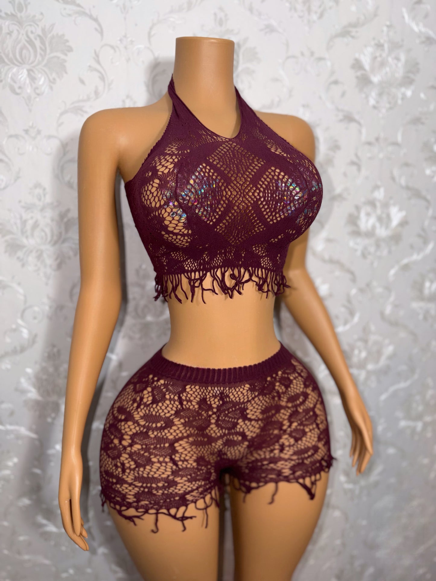 Amber Fringe Fishnet Shorts Set In Currant