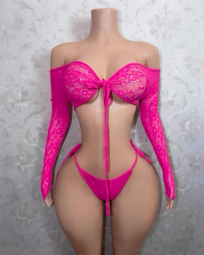 Venus Fishnet Criss Crossed Long Sleeve Top and Thong Fits XS-L