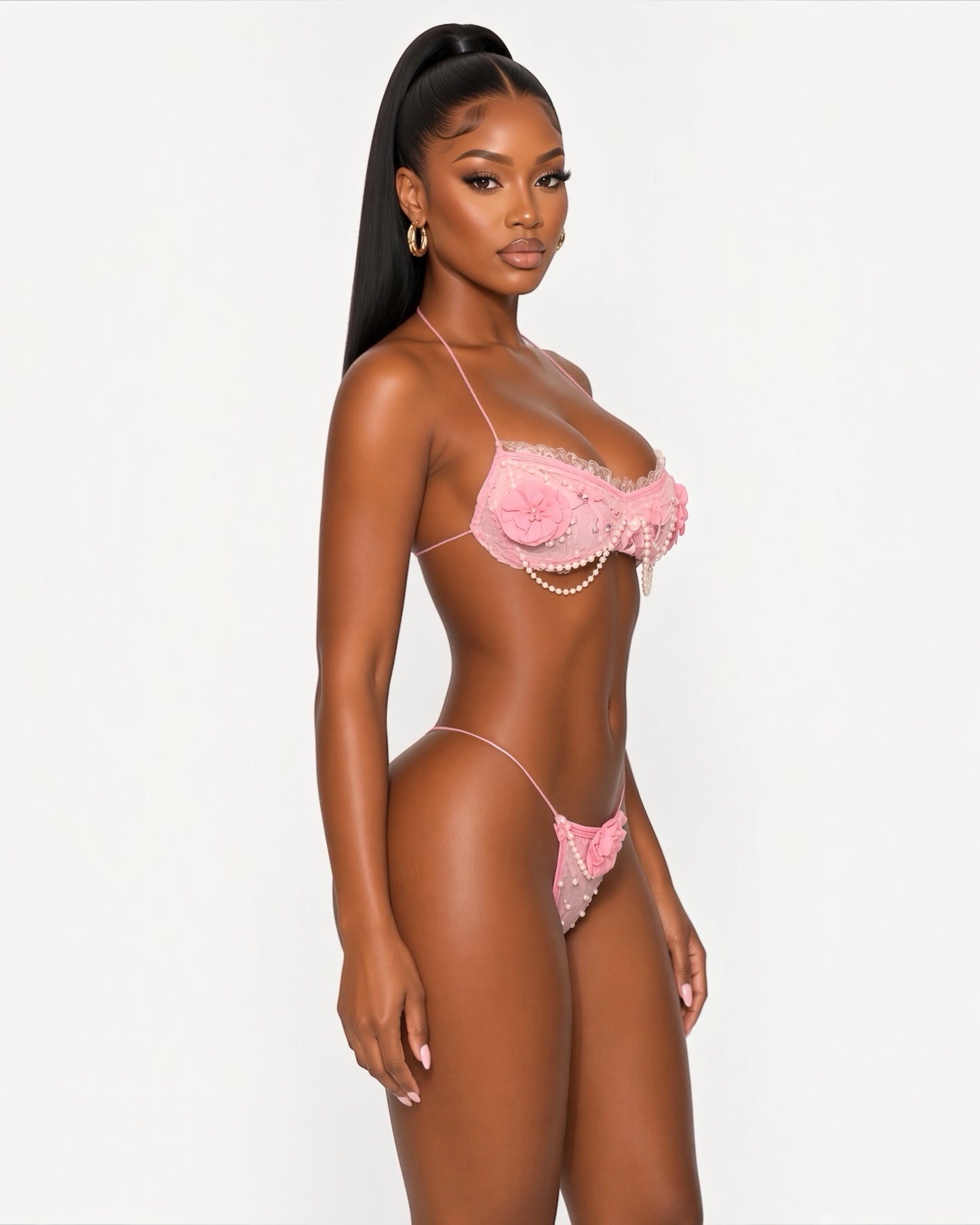 Paris Velour Ruffle Lace Trim Bandeau Bikini Set