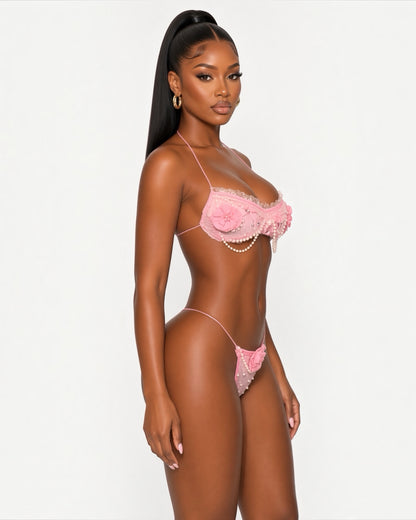 Paris Velour Ruffle Lace Trim Bandeau Bikini Set