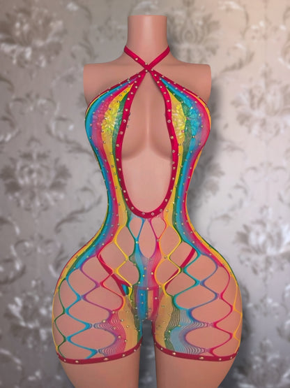 Dollas — New Rainbow Fishnet Romper Set Includes Thong with Rhinestones