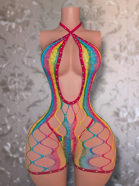 Dollas — New Rainbow Fishnet Romper Set Includes Thong with Rhinestones