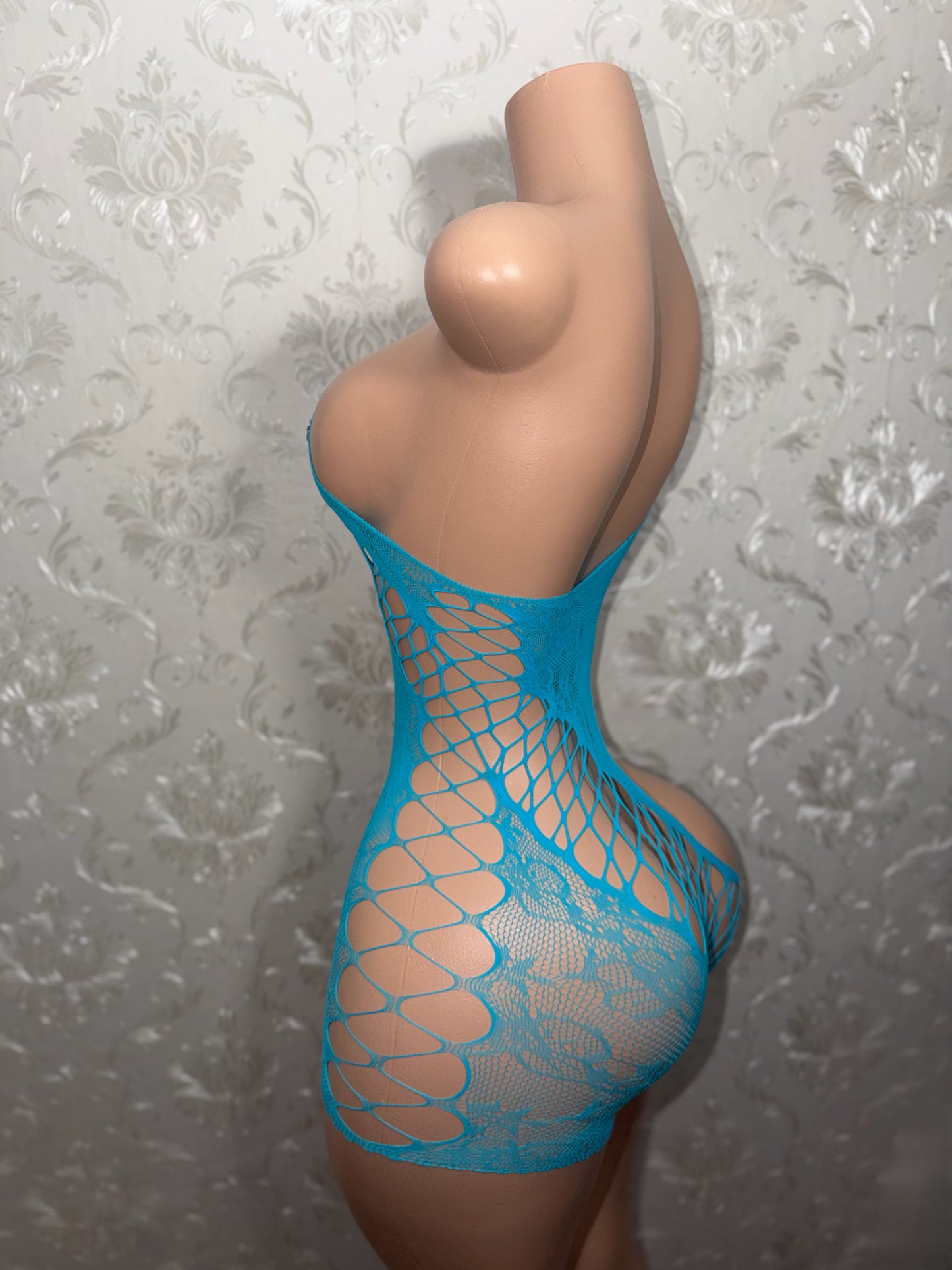 Lace Detail Fishnet Romper Optional Rhinestones Fits XS-XL