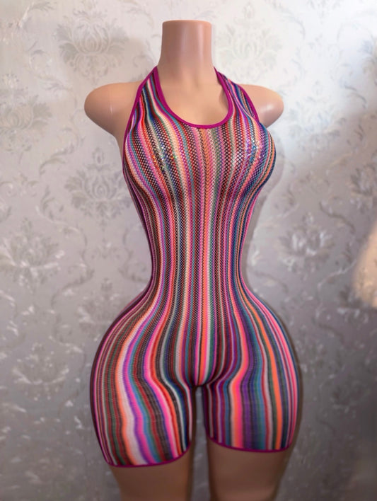 Onika Multicolor Halter Fishnet Romper  Fits XS-XL