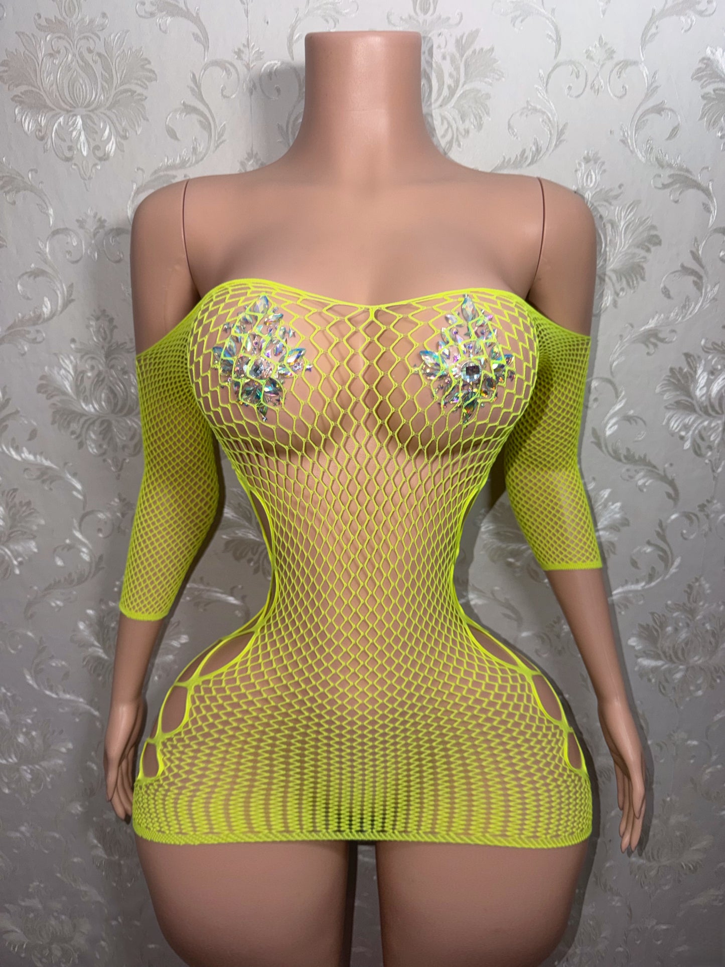 Teyana Fishnet Dress Optional Thong Fits XS-L