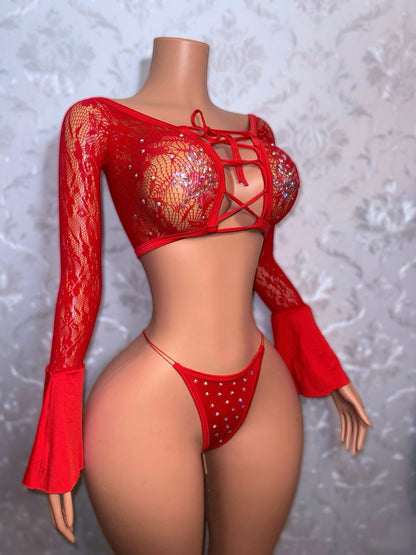 Bella Don — Lace Fishnet 2 Piece Bell Sleeve Set Fits XS-L