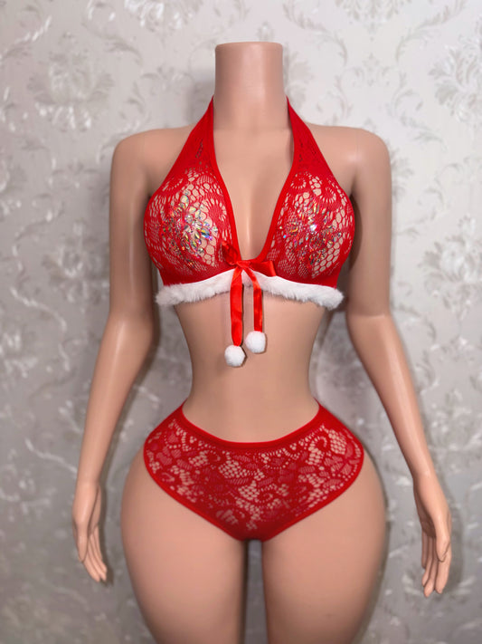 Snoelle 2 Piece Fur Trim Fishnet Bra And Panty Set