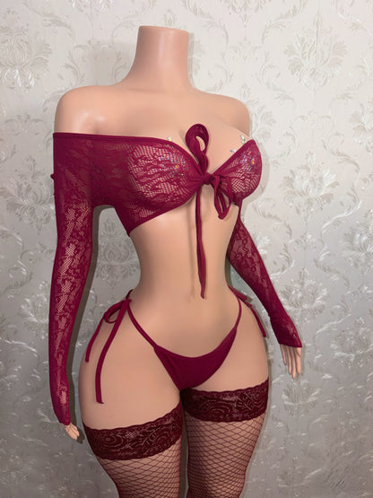 Venus Burgundy 3 Piece With Lace Thigh High Stockings Fits S-XXL