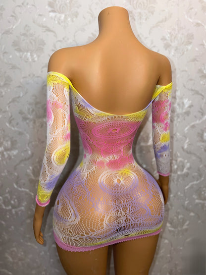 Eye of the Tiger Off Shoulder Fishnet Dress Fits XS-L