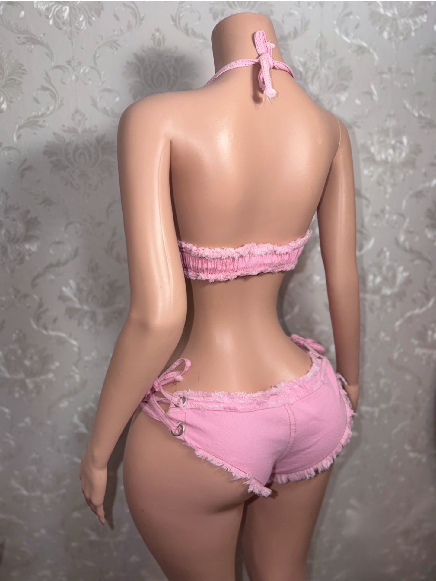 Amirah- 2 Piece Distressed Ultra Mini Denim Shorts Set