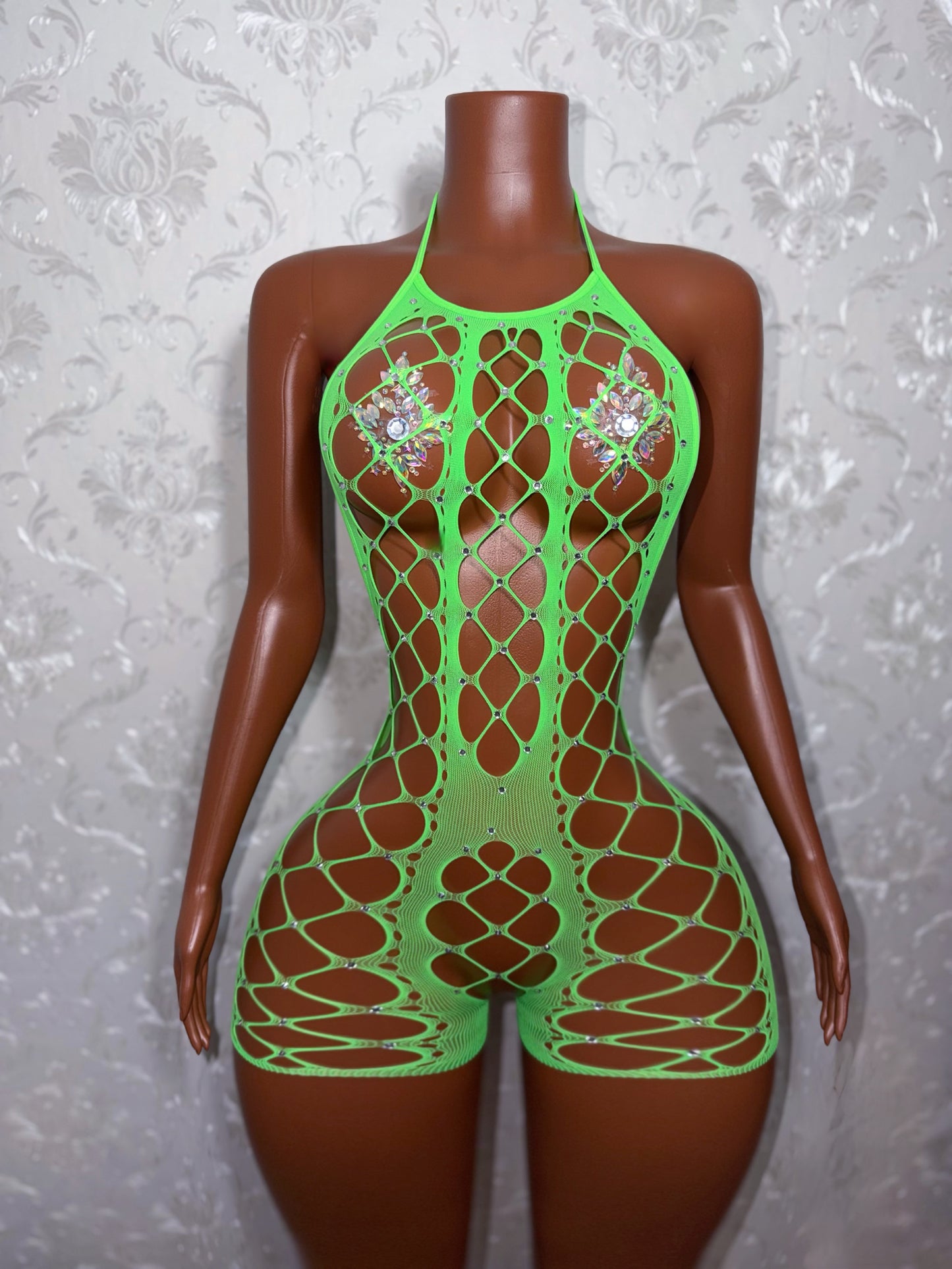 Giana Rhinestone Fishnet Romper Fits XS-L