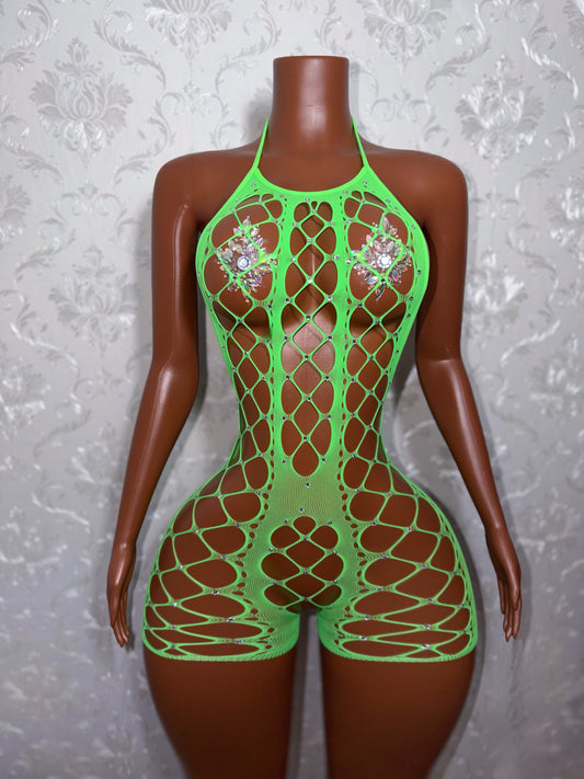 Giana Rhinestone Fishnet Romper Fits XS-L