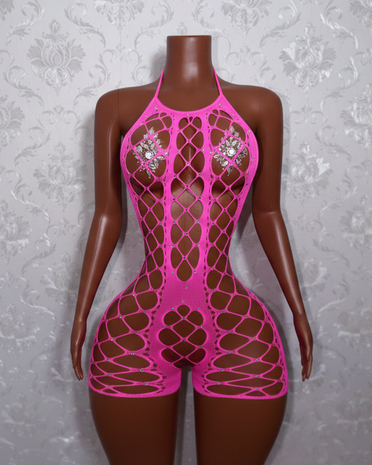 Giana Rhinestone Fishnet Romper Fits XS-L