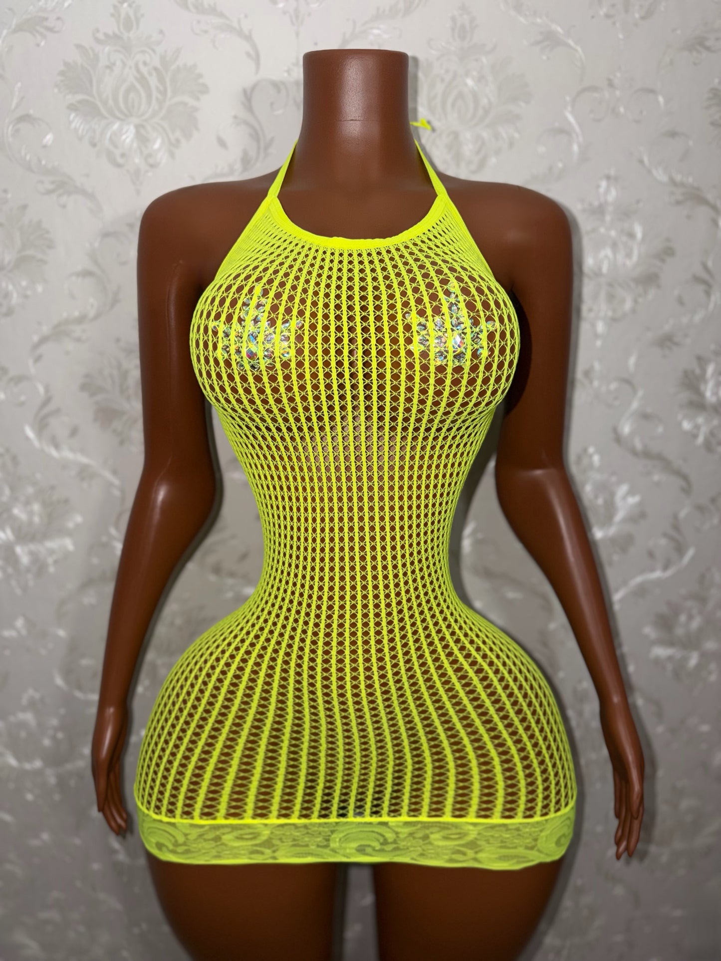 Serena Halter Lace Fishnet Hem Dress Fits XS-XL