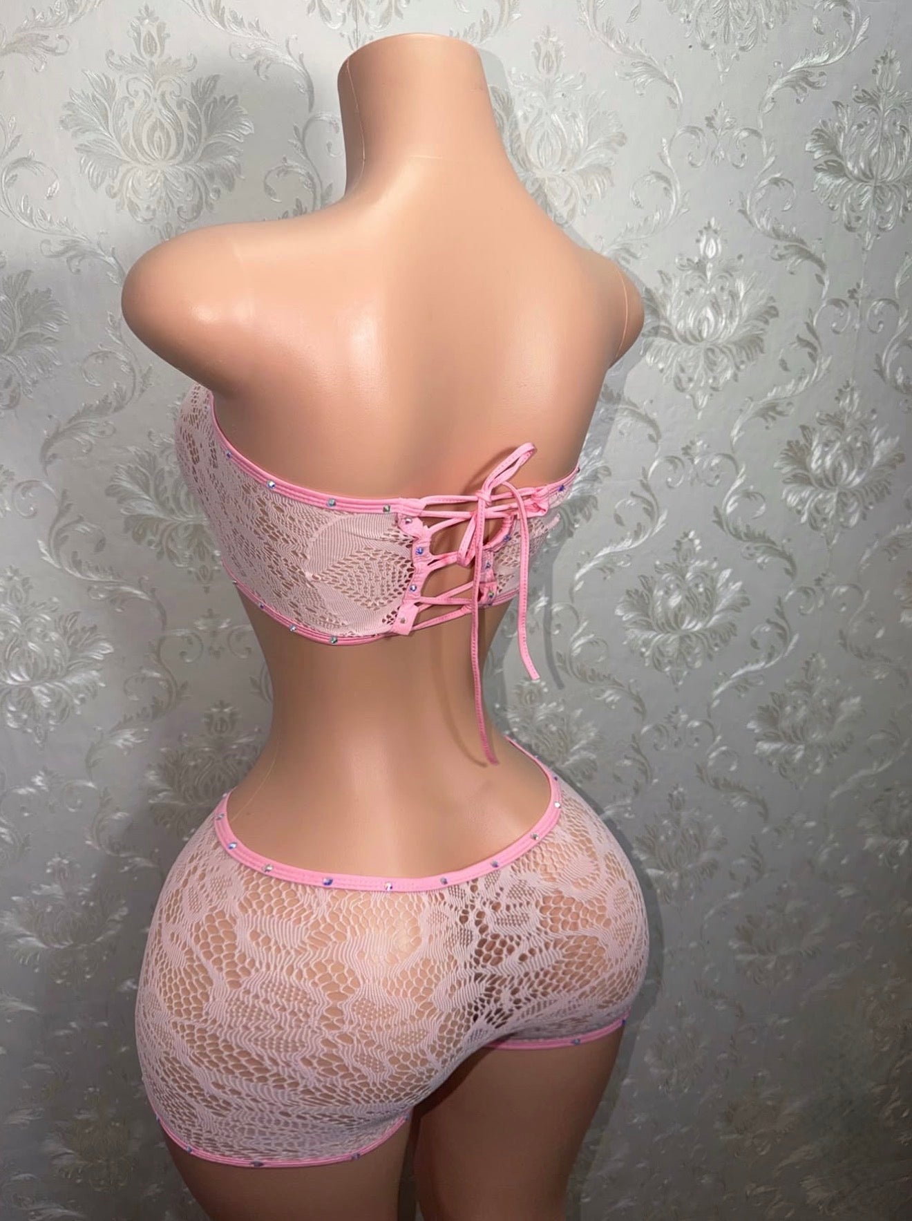 Amber Baby Pink Rhinestone Fishnet Shorts Set Fits XS-M