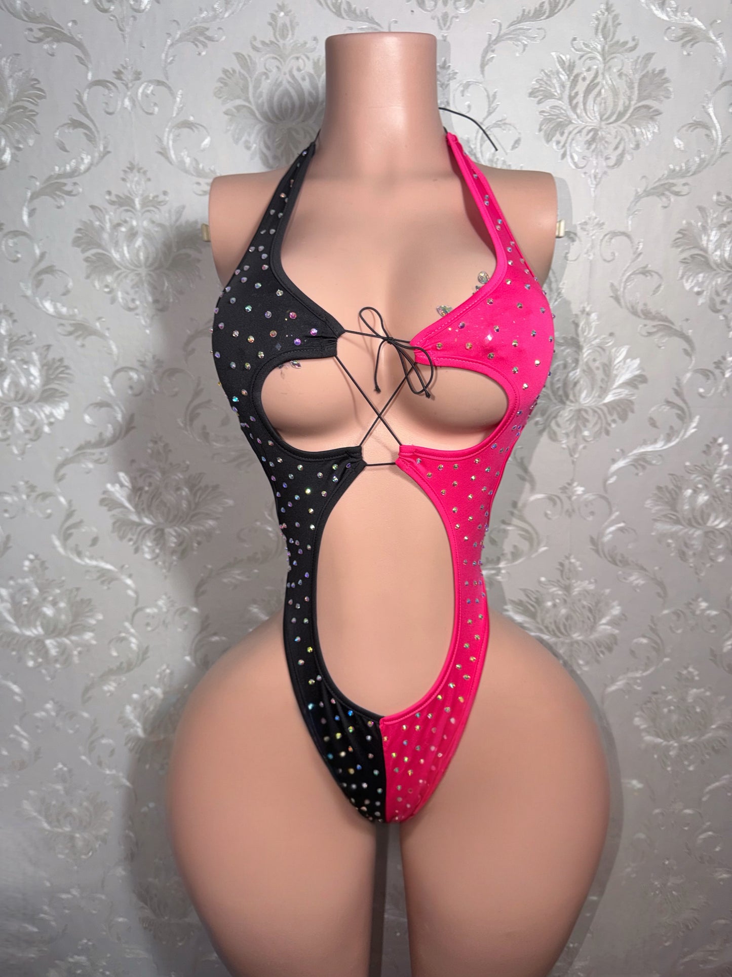 Harlie Two Tone One Piece + Cut Off Fishnets Set Fits XS-L