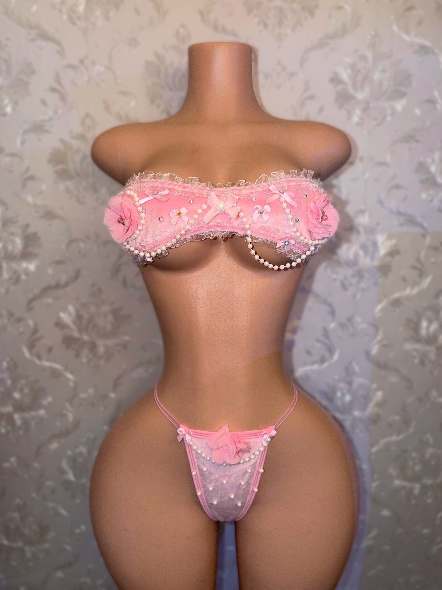 Paris Velour Ruffle Lace Trim Bandeau Bikini Set