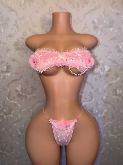 Paris Velour Ruffle Lace Trim Bandeau Bikini Set