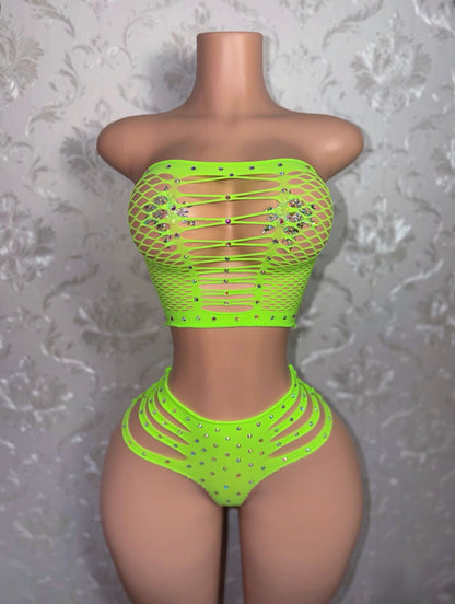 Natina Cheeky Fishnet Bra and Thong Set With Rhinestones Fits All