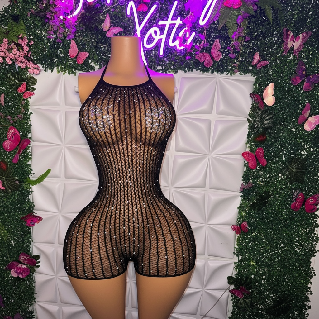 Serena Halter Fishnet Romper with Rhinestones Fits XS-XL