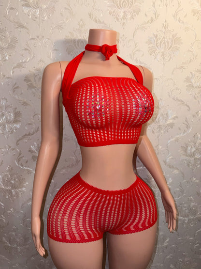 Caleesi Fishnet Long Sleeve Shorts Set Pre-tied Bantu Knot Fits XS-L