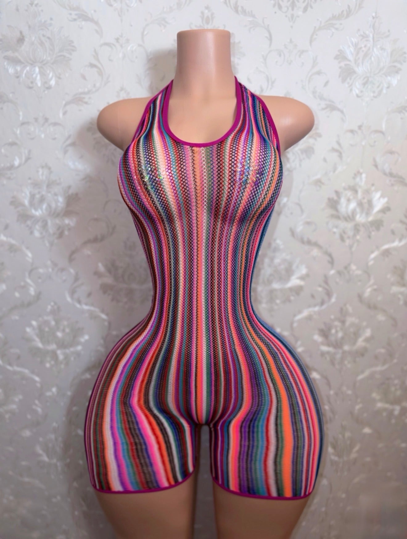 Onika Multicolor Halter Fishnet Romper  Fits XS-XL