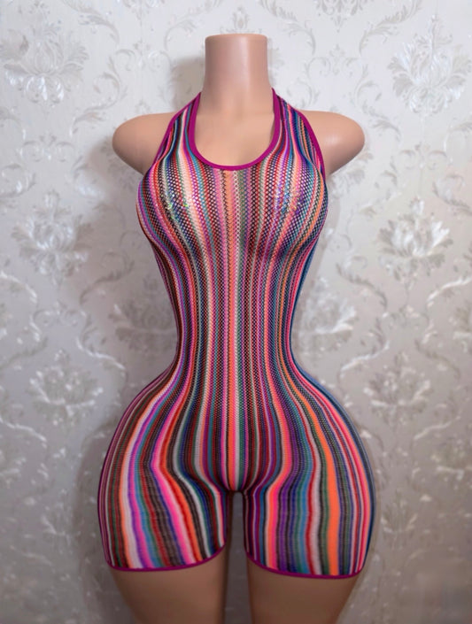 Onika Multicolor Halter Fishnet Romper  Fits XS-XL