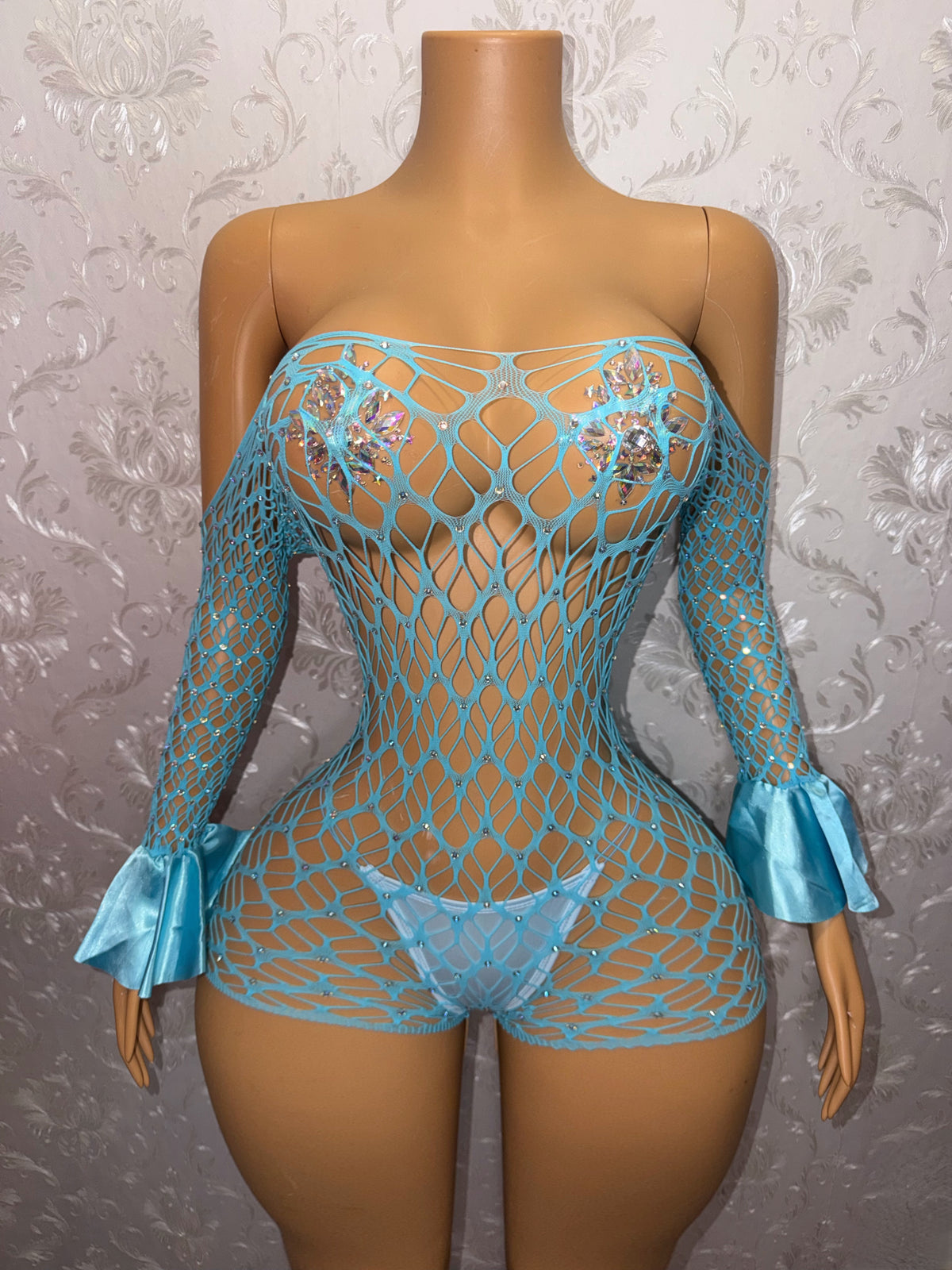 Kayla Off Shoulder Rhinestone Fishnet Romper Fits XS-M