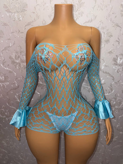 Kayla Off Shoulder Rhinestone Fishnet Romper Fits XS-M