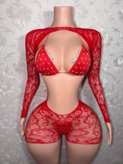 Suriyah Fishnet Romper 3 Piece With Bikini Fits XS-L