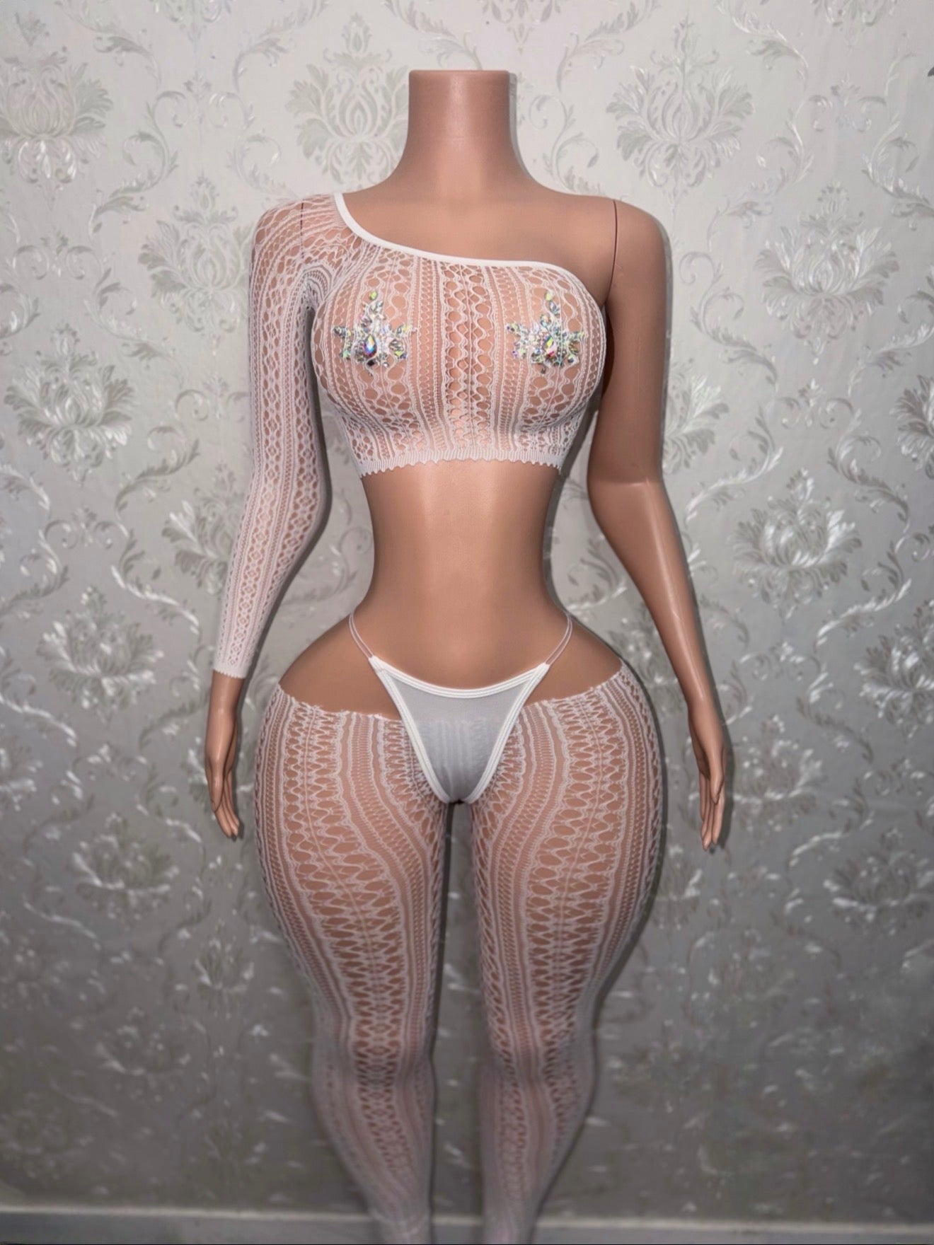 Leila Mandala Lace Fishnet Cut Off Pants Set Optional Thong Fits XS-L