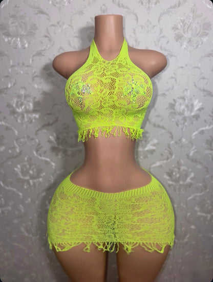 Amber Fringe Fishnet Skirt Set Fits XS-L