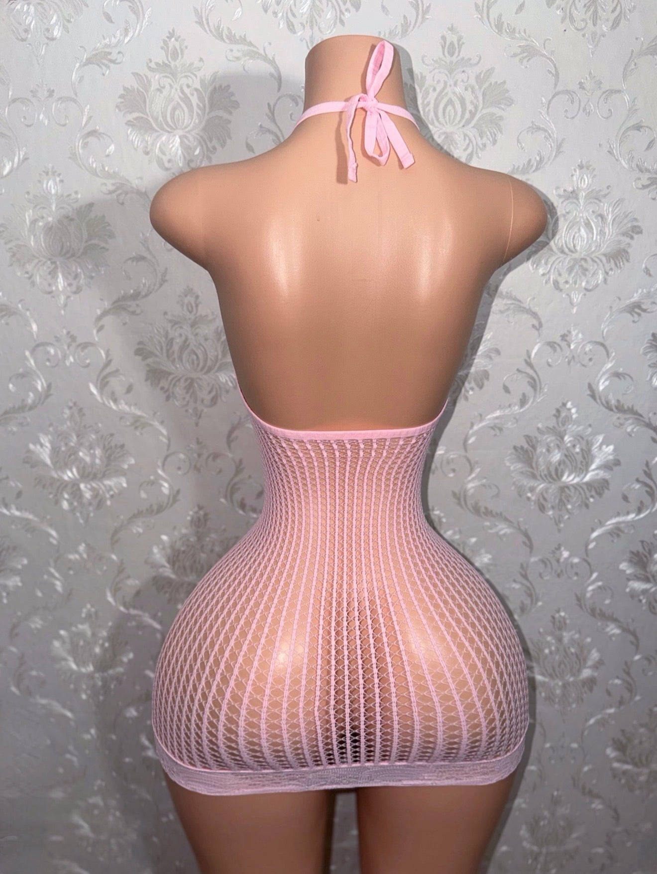 Serena Halter Lace Fishnet Hem Dress Fits XS-XL