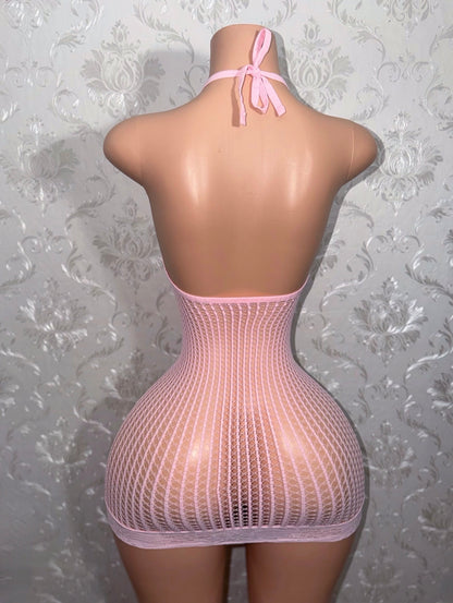 Serena Halter Lace Fishnet Hem Dress Fits XS-XL