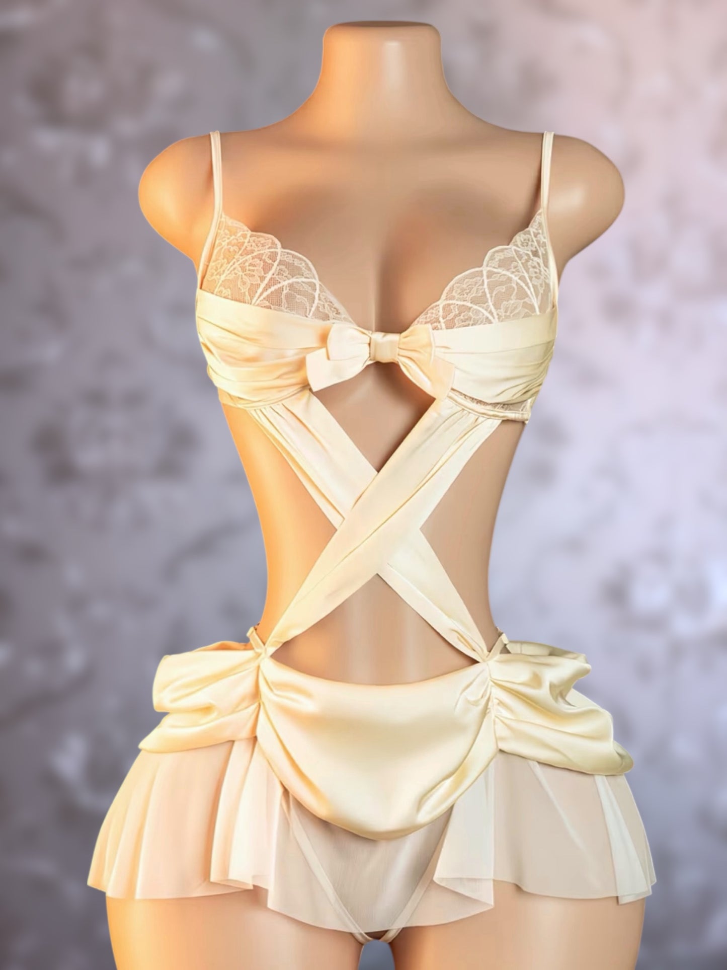 Leia Champagne Cascading Ruched Crotchless Bodysuit Fits XS-L