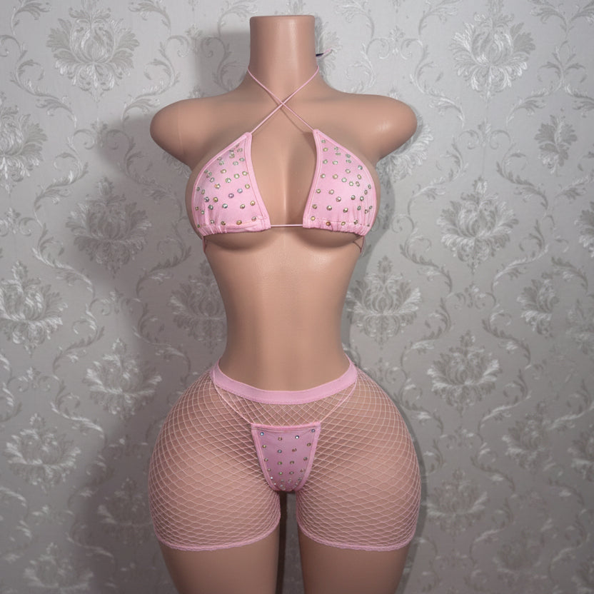 Martina 3 Piece Bikini and Fishnet Shorts Fits XS-L