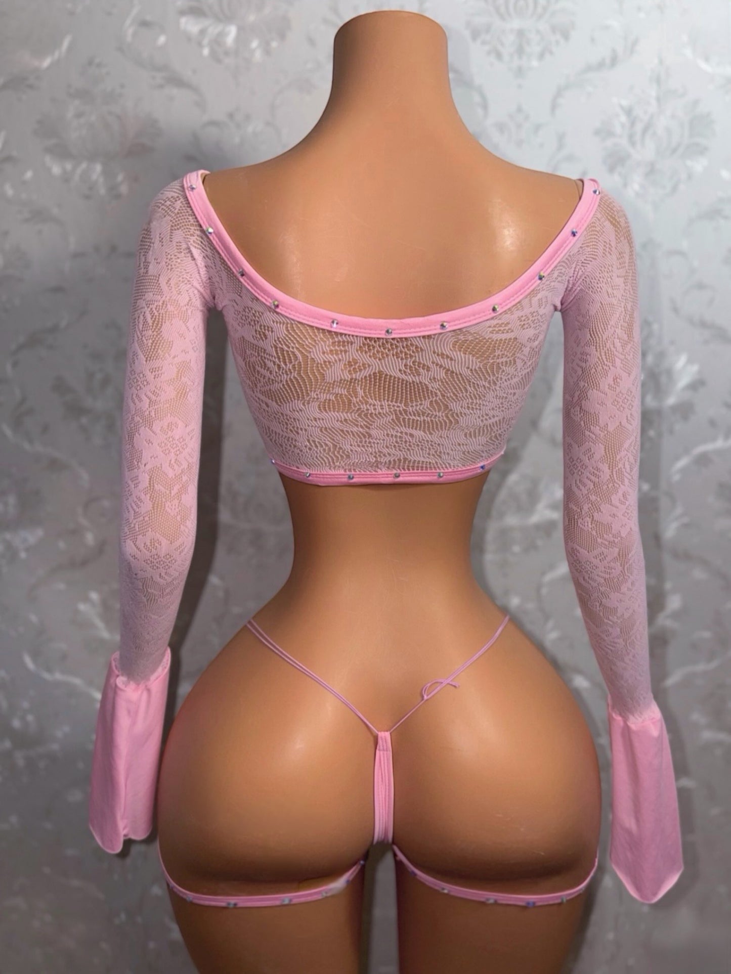 Bell Sleeve Skyler Baby Pink Fishnet 3 Piece Set Fits S-L
