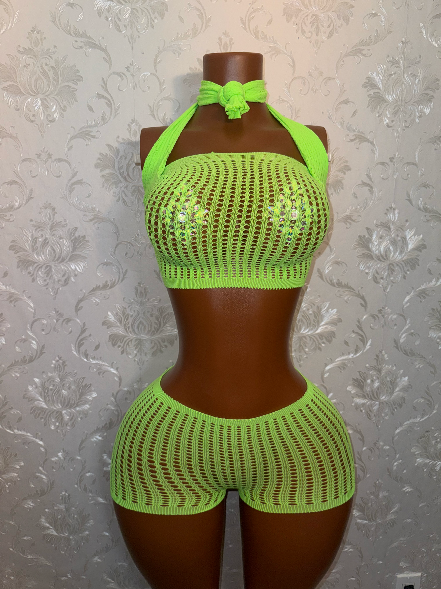 Caleesi Fishnet Long Sleeve Top and Shorts Set Bantu Knot Fits XS-L