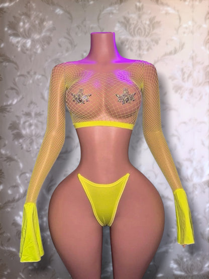 Bella Bell Sleeve Crop Top Fishnet 2 Piece Set Fits XS-L