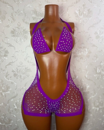 Plain Jane — Diamond Fishnet Overalls and Mesh Bikini 3 Piece Set
