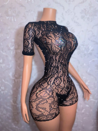 Suriyah Long Sleeve Backless Fishnet Romper Fits XS-M