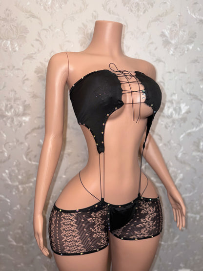 Nefise Rhinestone Romper 2 Piece Set Fits XS-M